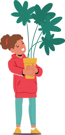 Heartwarming Image Of A Child Girl Character Cradling A Houseplant In Hands Symbolizing The Connection Between Humans And Nature And The Nurturing Of Life Cartoon People Vector Illustration Illustration