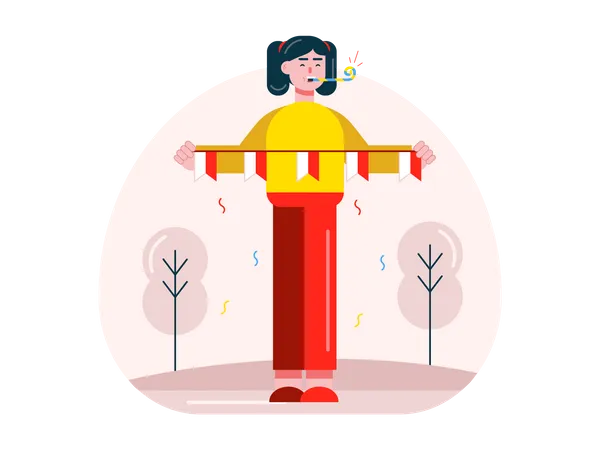 Girl holding Indonesia garland flag  Illustration