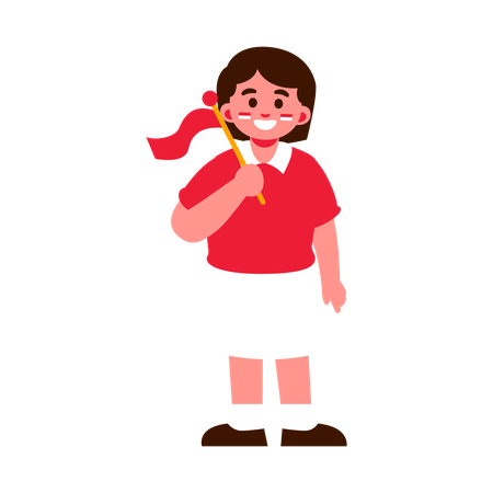 Girl holding Indonesian flag  Illustration