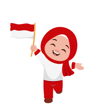 Girl holding Indonesian Flag  Illustration