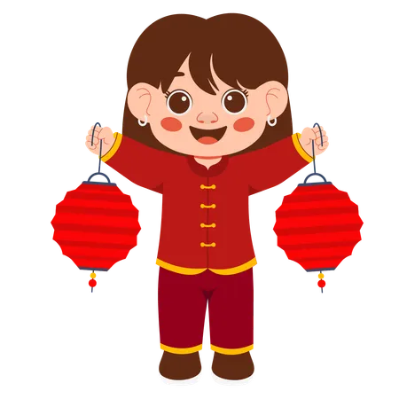 Girl holding lanterns on lunar new year  Illustration