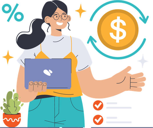 Girl holding laptop and converting money  Illustration