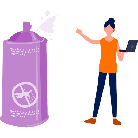 Girl holding laptop and introducing pesticide spray  Illustration