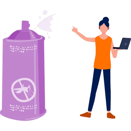 Girl holding laptop and introducing pesticide spray  Illustration
