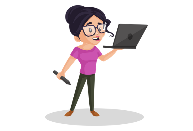 Girl holding laptop and pen in her hands Illustration