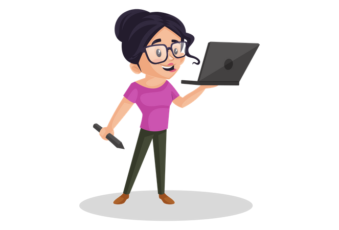 Girl holding laptop and pen in her hands  Illustration