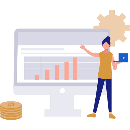 Girl holding laptop while doing financial analysis  Illustration