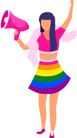 Girl holding loudspeaker wearing rainbow outfit Illustration