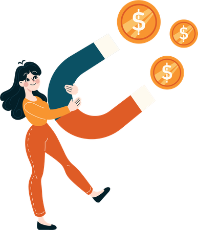 Girl holding magnet while attracting money  Illustration