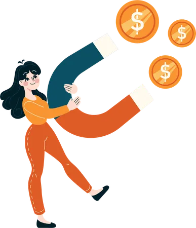 Girl holding magnet while attracting money  Illustration