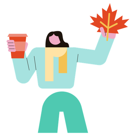 Girl holding Maple leaf and Drink  Illustration