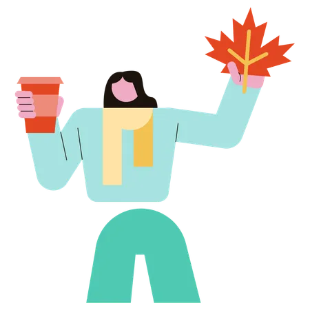 Girl holding Maple leaf and Drink  Illustration