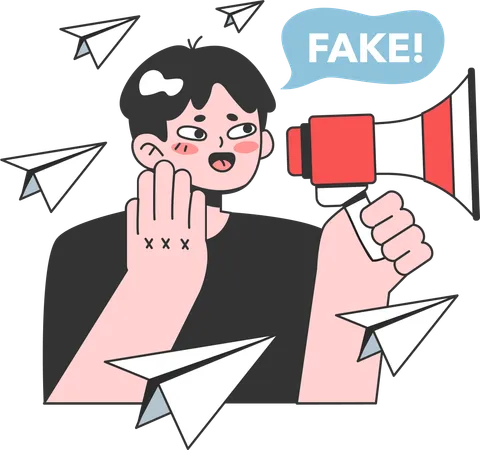Girl holding megaphone while doing fake news announcement  일러스트레이션