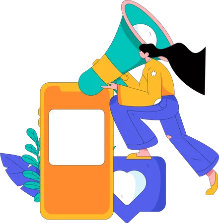 Girl holding megaphone while doing mobile marketing  Illustration