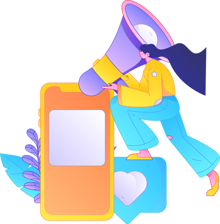 Girl holding megaphone while doing mobile marketing  Illustration