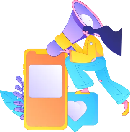 Girl holding megaphone while doing mobile marketing  Illustration