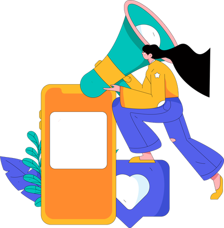 Girl holding megaphone while doing mobile marketing  Illustration