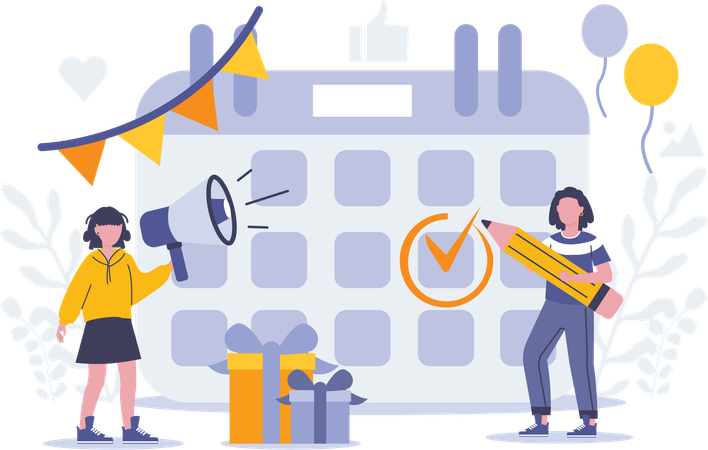 Girl holding megaphone while making marketing schedule  Illustration