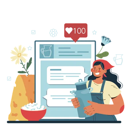 Dairy Farm Online Service Or Platform Milkmaid Milking A Cow Milk Cheese Butter Making Dairy Natural Products Online Forum Flat Vector Illustration イラスト