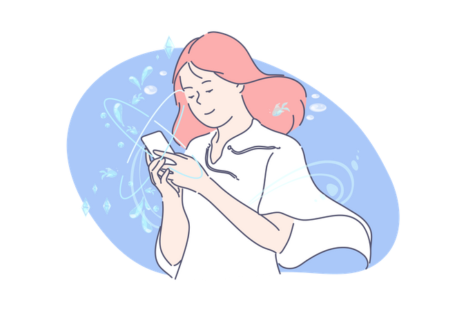 Girl holding mobile and checking  Illustration