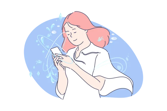 Girl holding mobile and checking  Illustration