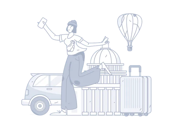 Girl holding mobile and going for trip  Illustration