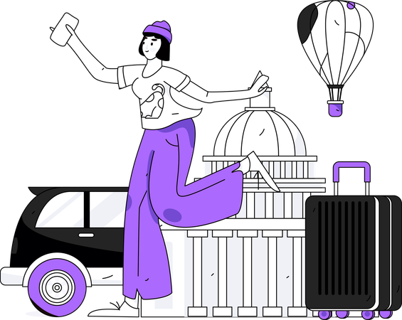 Girl holding mobile and going for trip  Illustration