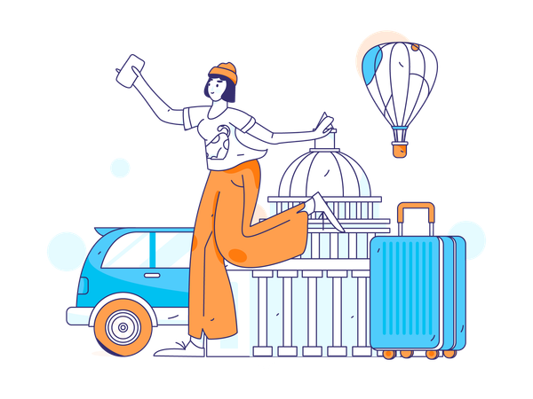 Girl holding mobile and going for trip  Illustration