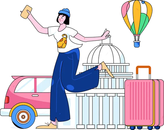 Girl holding mobile and going for trip  Illustration