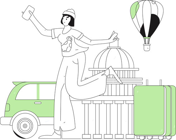 Girl holding mobile and going for trip  Illustration