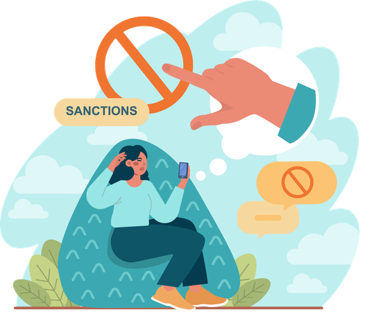 Girl holding mobile and looking sanction ban  Illustration