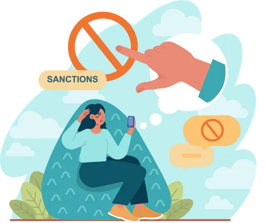 Girl holding mobile and looking sanction ban  Illustration