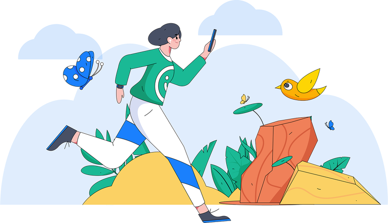 Girl holding mobile and running  Illustration