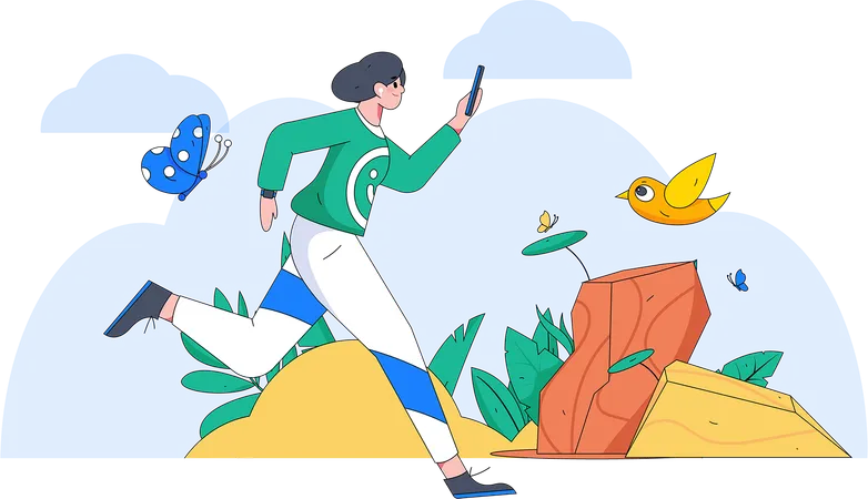 Girl holding mobile and running  Illustration