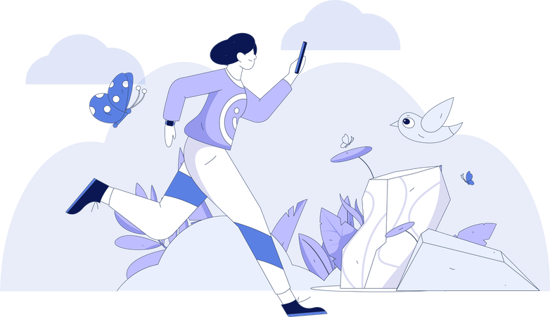 Girl holding mobile and running  Illustration