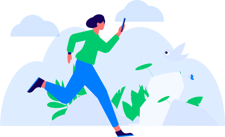 Girl holding mobile and running  Illustration