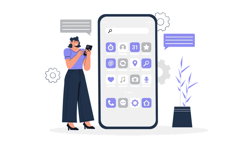 Girl holding mobile while find mobile application  Illustration