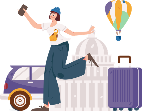 Girl holding mobile while going for trip  Illustration