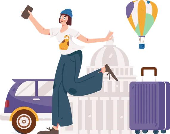 Girl holding mobile while going for trip  Illustration