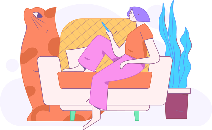 Girl holding mobile while sitting on sofa  Illustration