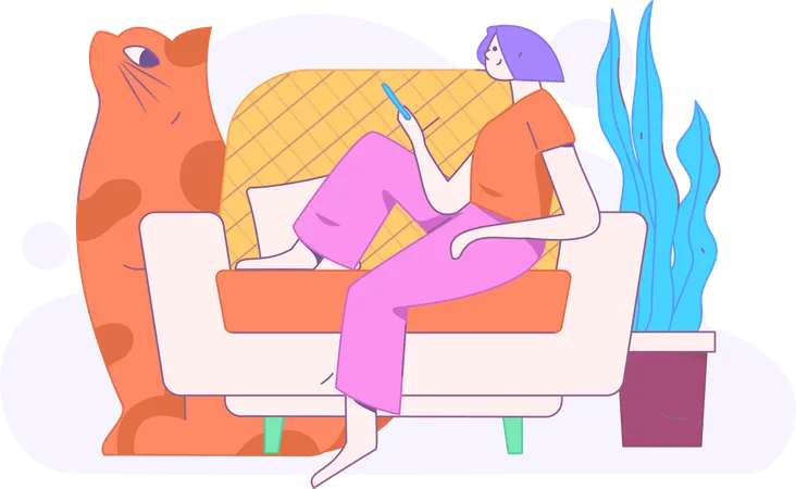 Girl holding mobile while sitting on sofa  Illustration