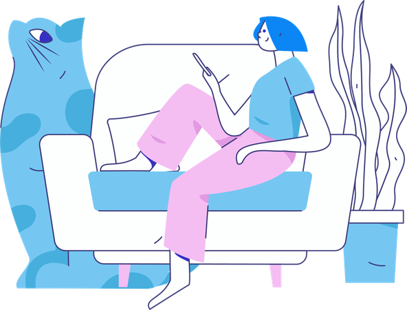 Girl holding mobile while sitting on sofa  Illustration