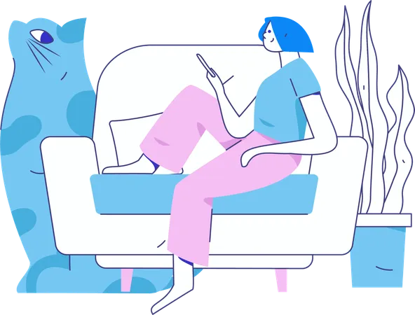 Girl holding mobile while sitting on sofa  Illustration