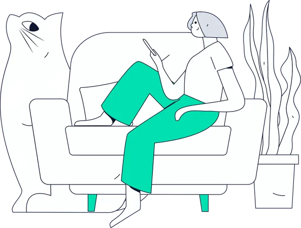 Girl holding mobile while sitting on sofa  Illustration