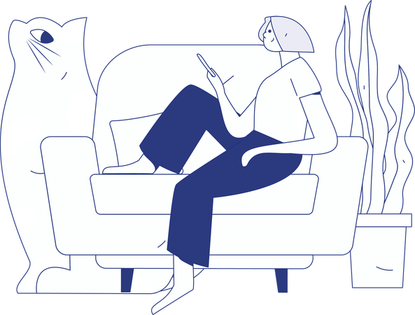 Girl holding mobile while sitting on sofa  Illustration
