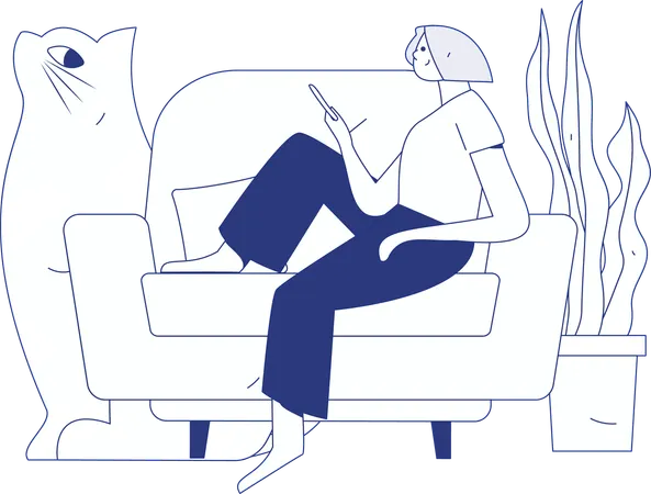 Girl holding mobile while sitting on sofa  Illustration