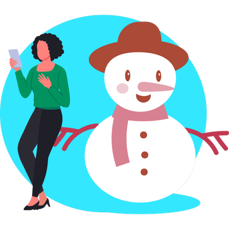 Girl holding mobile while snowman near by girl  Illustration