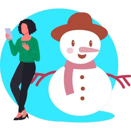 Girl holding mobile while snowman near by girl  Illustration