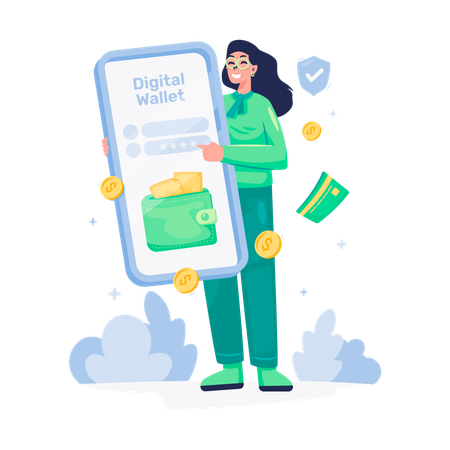 Girl holding mobile with Login to digital wallet app  Illustration