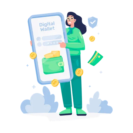 Girl holding mobile with Login to digital wallet app  Illustration